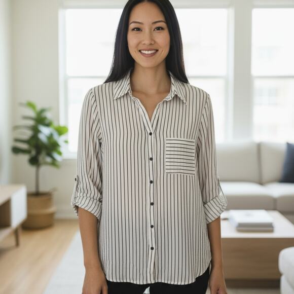 Mind Code Women's White/Black Striped Button Front Boyfriend Shirt L Oversized - Picture 1 of 3